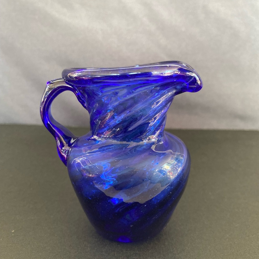 Vintage Cobalt Blue Hand Blown Ribbed Fluted Top Pitcher.